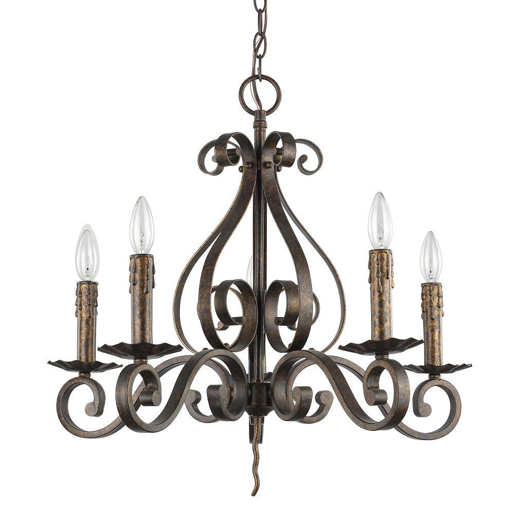 Brown Candle Style Five Light Metal Dimmable Chandelier on a white background