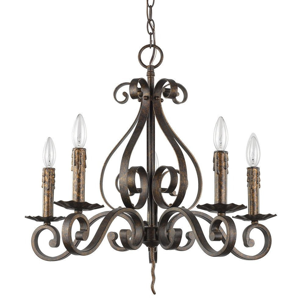 Brown Candle Style Five Light Metal Dimmable Chandelier on a white background