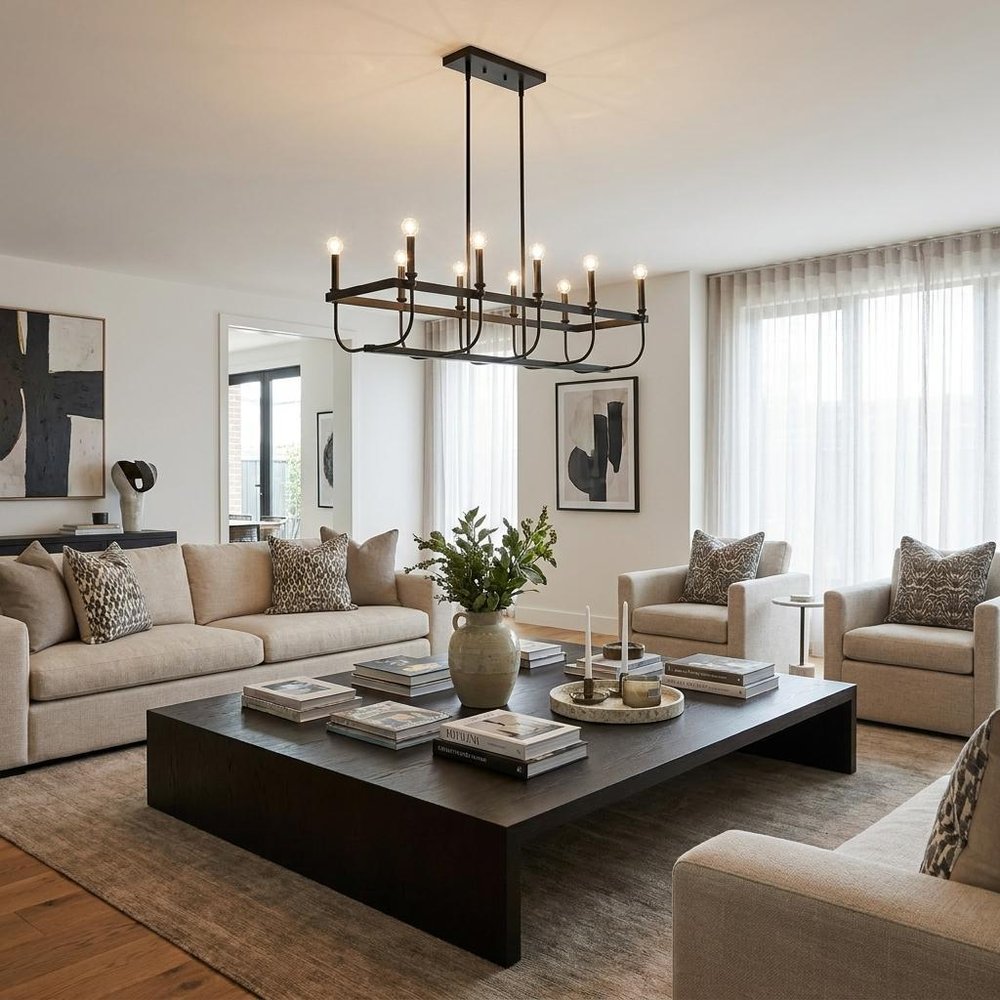 Beckett 10-Light Matte Black Island Pendant in a home interior