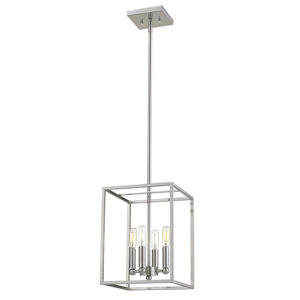 Silver metal four-light dimmable ceiling light with a square canopy and a rectangular frame.