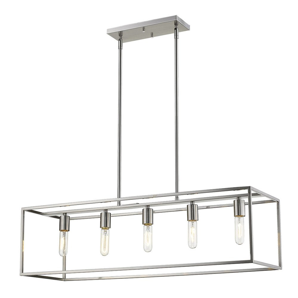 Silver metal five-light rectangular chandelier with exposed bulbs, suspended from a rectangular ceiling plate against a white background.
