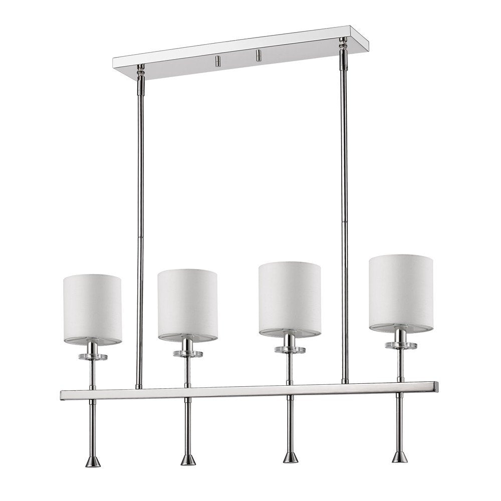 Four-light dimmable ceiling light with white drum shades and a polished chrome finish on a white background.