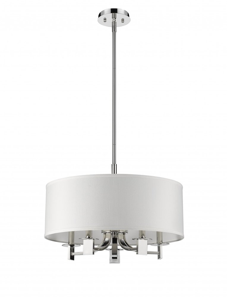 Silver Metal Five Light Dimmable Ceiling Light With White Shades on a white background