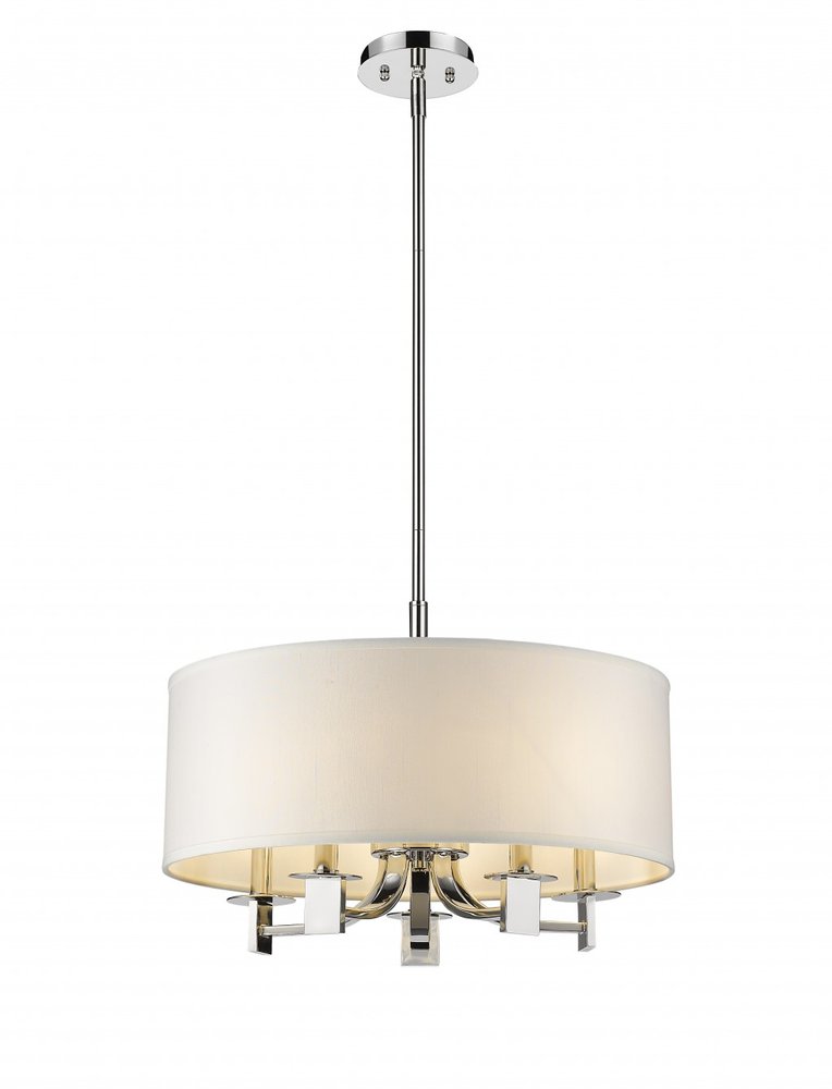 Silver Metal Five Light Dimmable Ceiling Light With White Shades on a white background