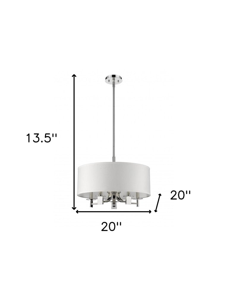 Silver Metal Five Light Dimmable Ceiling Light With White Shades on a white background