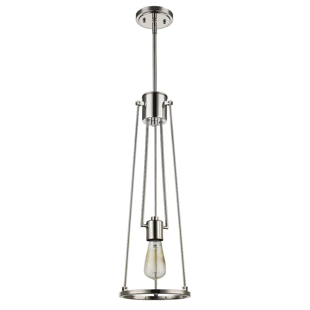 Silver iron pendant light with exposed Edison bulb hanging from a rod against a white background.