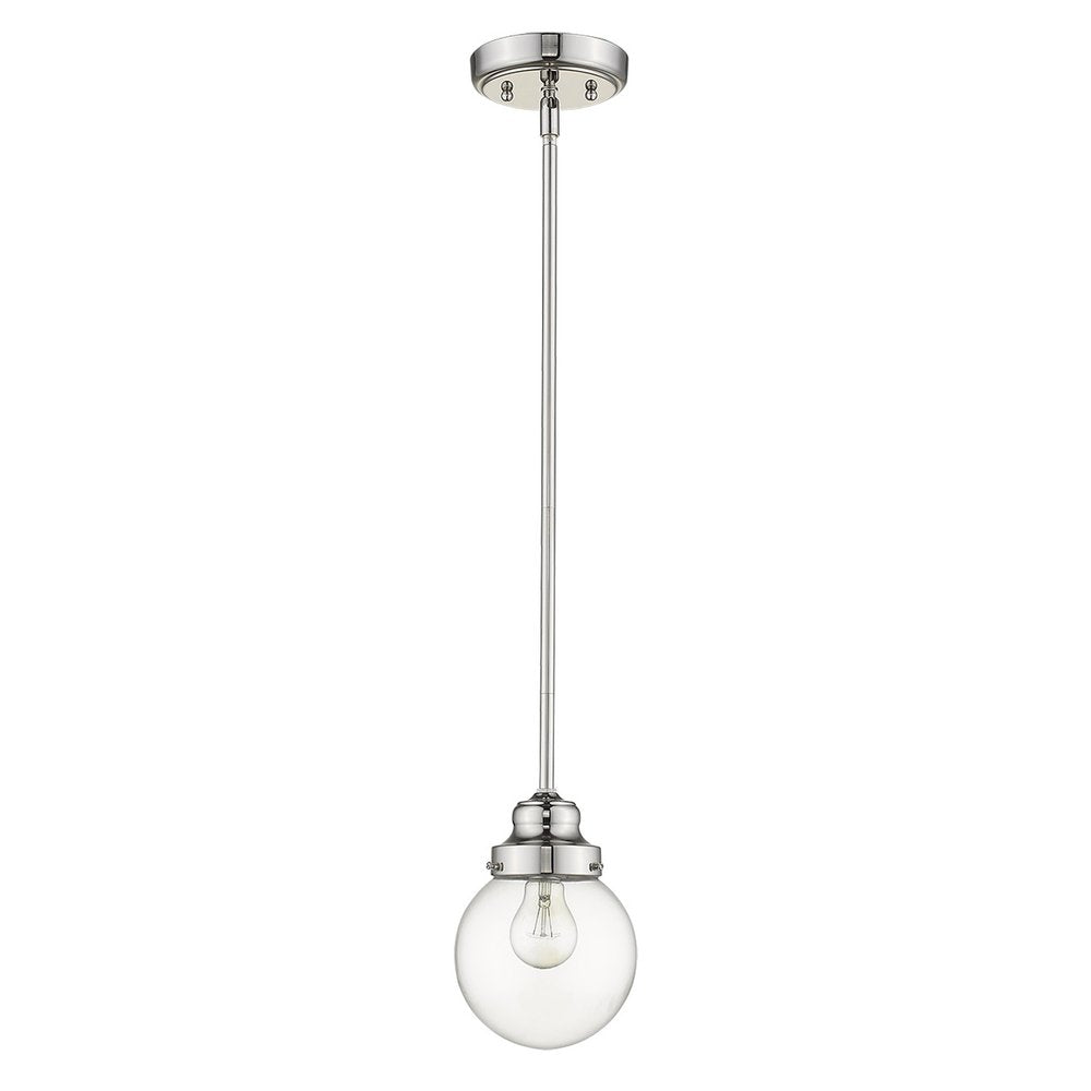 Silver metal hanging pendant light with a clear glass globe shade against a white background.