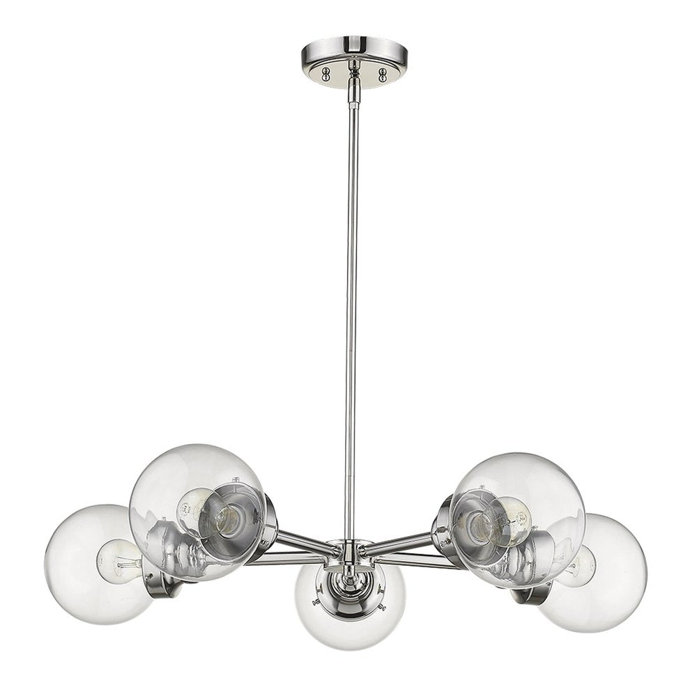 Silver five-light metal chandelier with clear glass globe shades against a white background.