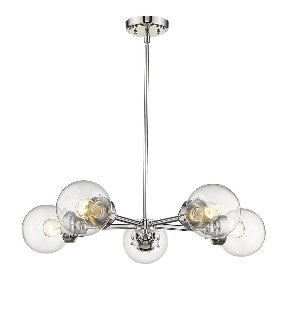 Silver Five Light Metal Dimmable Chandelier With Clear Shades on a white background