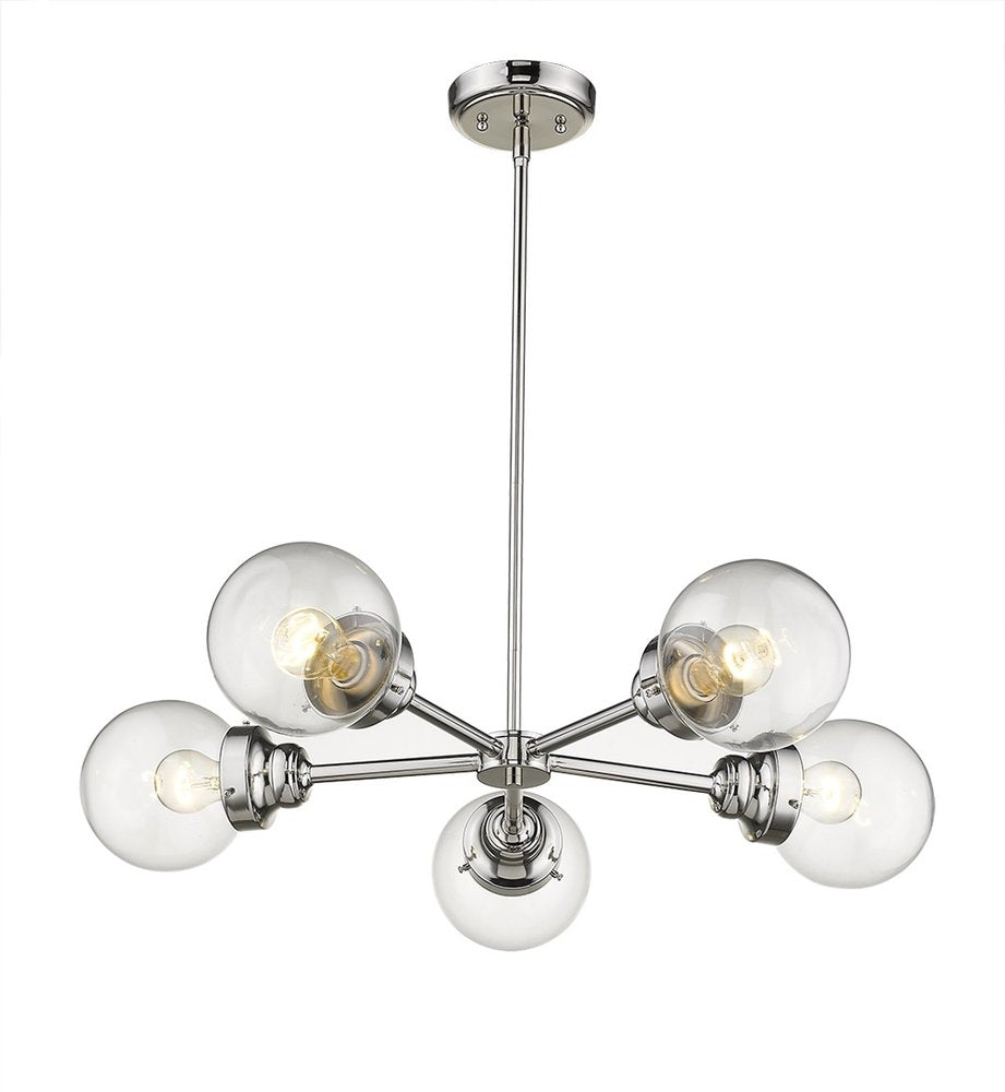 Silver Five Light Metal Dimmable Chandelier With Clear Shades on a white background