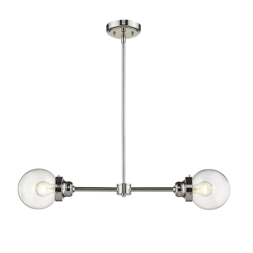 Silver metal two-light ceiling light with clear globe shades on a white background.