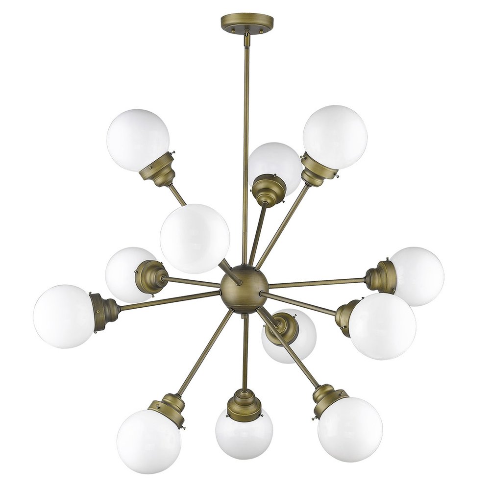 Bronze Sputnik Twelve Light Frosted Metal Dimmable Chandelier With Off White Shades on a white background