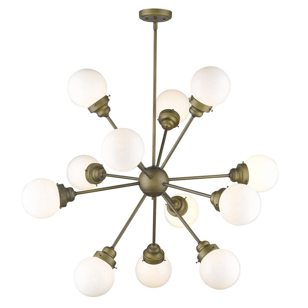 Bronze Sputnik Twelve Light Frosted Metal Dimmable Chandelier With Off White Shades on a white background