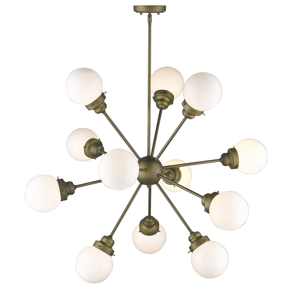 Bronze Sputnik Twelve Light Frosted Metal Dimmable Chandelier With Off White Shades on a white background