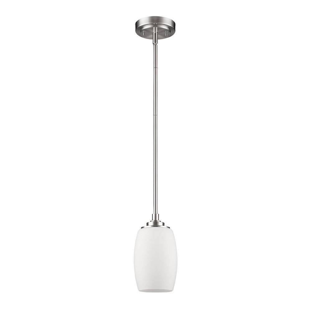 Brushed nickel pendant light with frosted glass shade hanging from a thin rod against a white background.