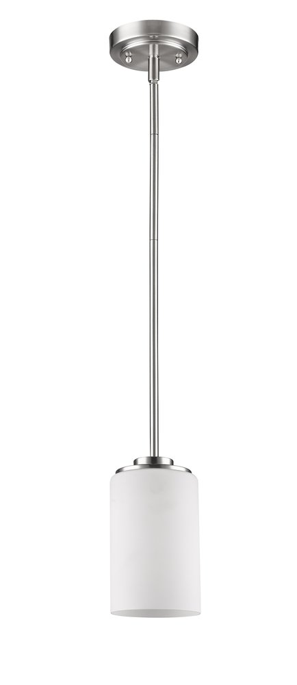 Brushed nickel pendant light with frosted glass shade hanging from a metal rod against a white background.