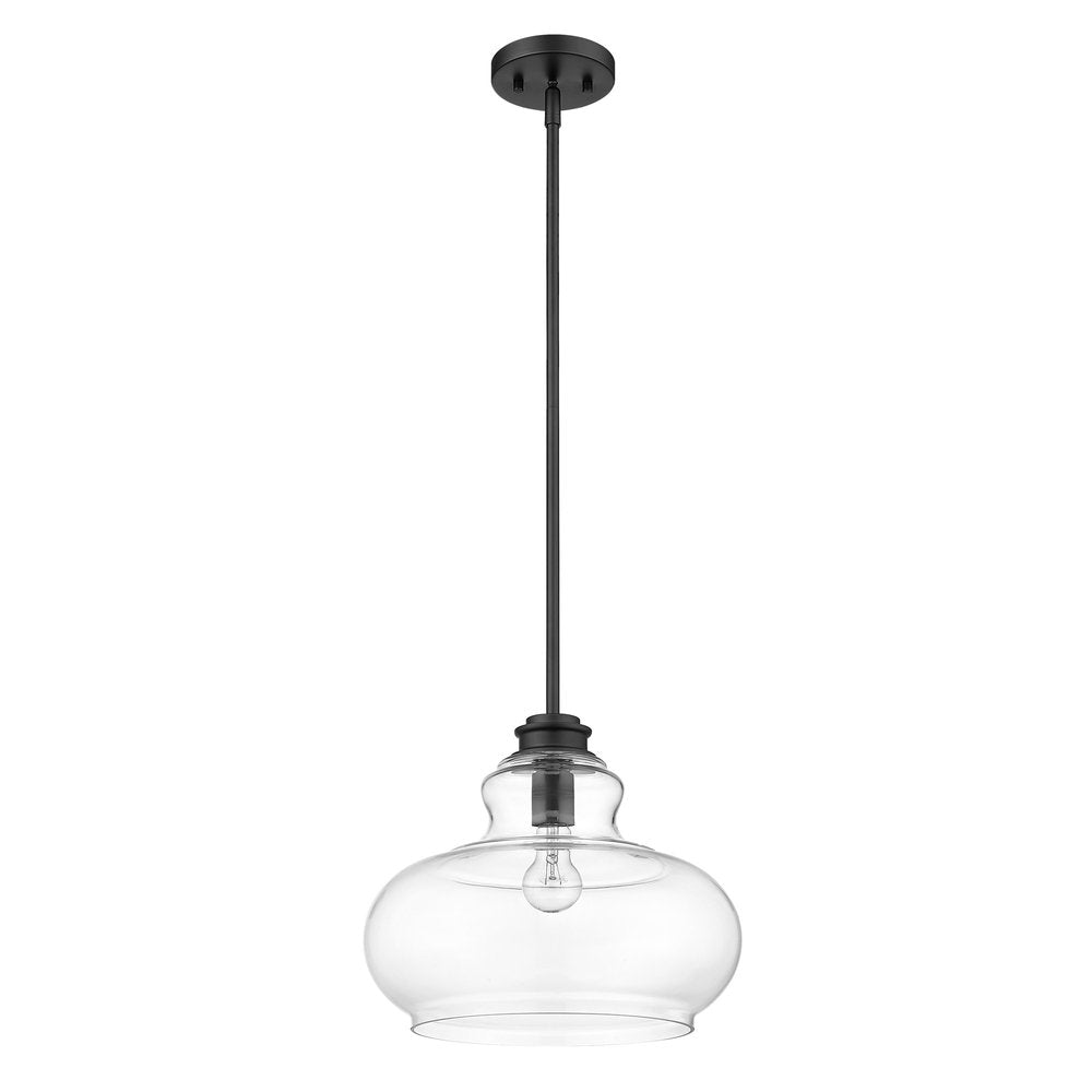 Matte black pendant light with a clear glass shade and exposed bulb, isolated on a white background.