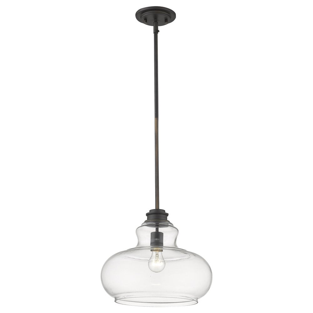 Oil-rubbed bronze pendant light with clear glass shade on a white background.