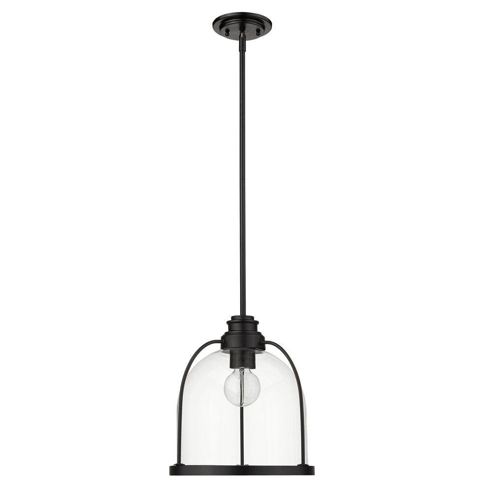Matte black pendant light with clear glass shade and exposed bulb, on a white background.