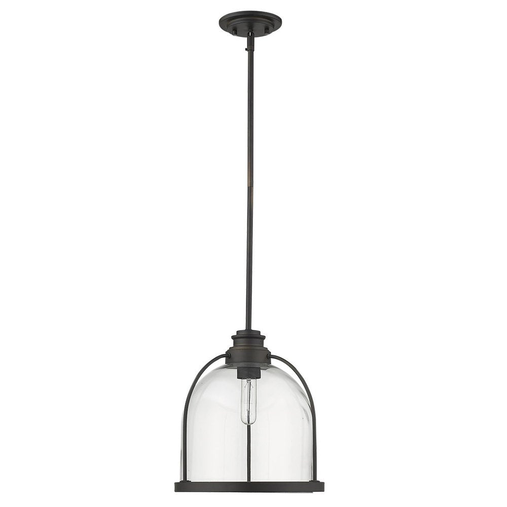 Oil-rubbed bronze pendant light with clear glass dome and metal cage on white background.