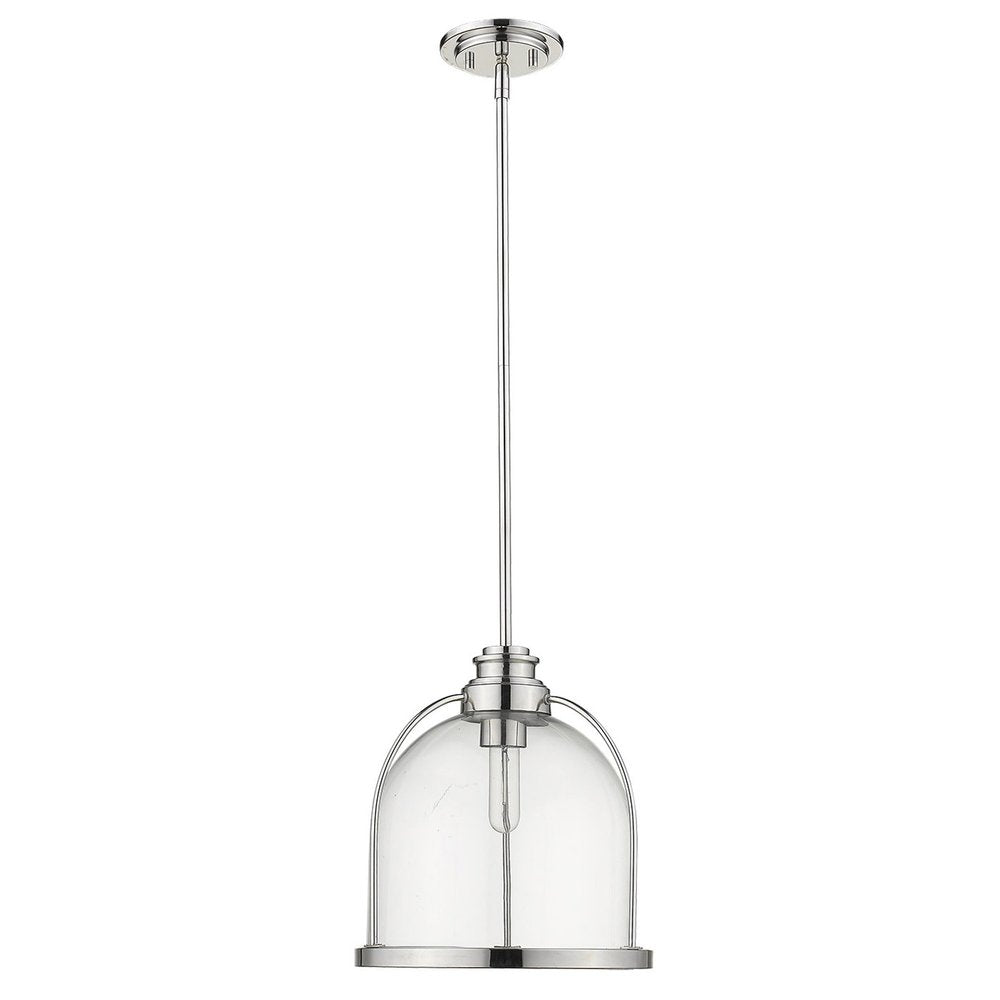Polished nickel pendant light with a clear glass bell shade and metal cage detail on a white background.