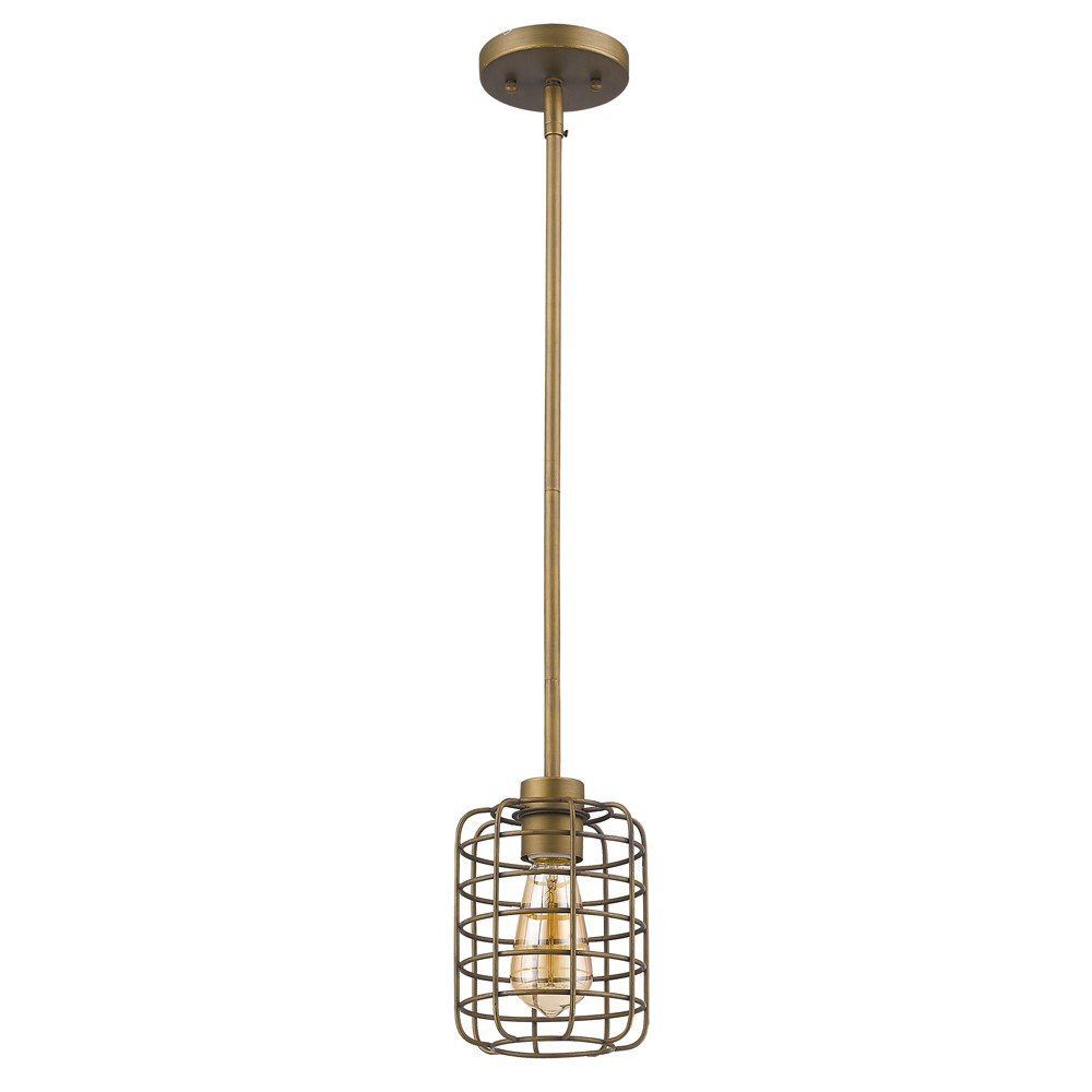 Brushed Gold Metal Cage Hanging Light on a white background