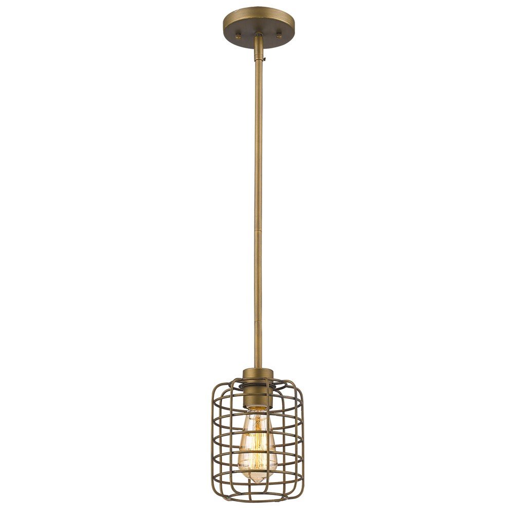 Brushed Gold Metal Cage Hanging Light on a white background
