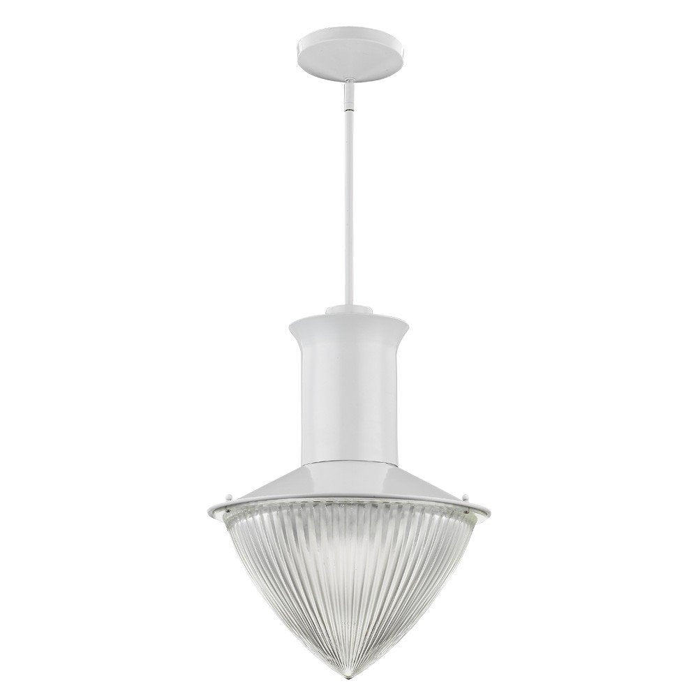White pendant light with a fluted glass shade hanging from a white ceiling mount against a white background.