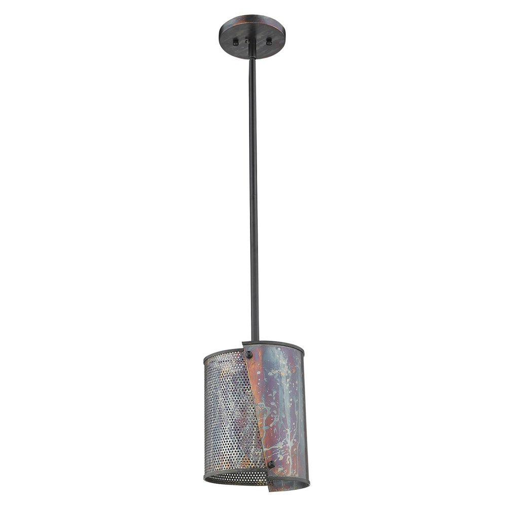 Bronze patina pendant light with a perforated metal shade and a dark metal stem against a white background.