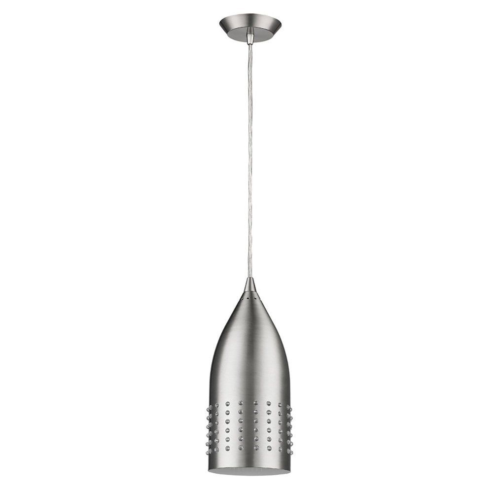 Silver pendant light with glass studs, brushed metal finish, hanging from a thin wire against a white background.