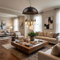 Black Iron Ten Light Dimmable Ceiling Light With Black Shades in a home interior