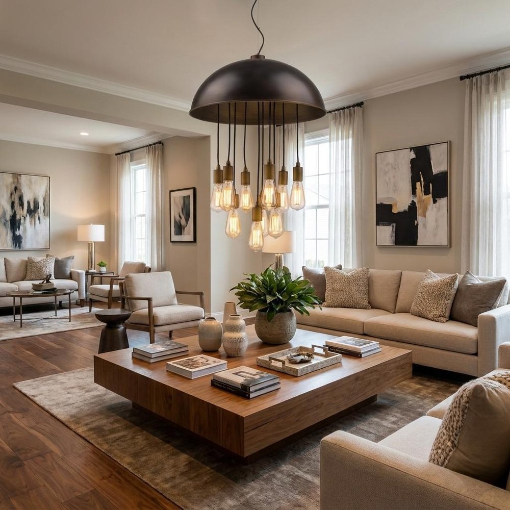 Black Iron Ten Light Dimmable Ceiling Light With Black Shades in a home interior