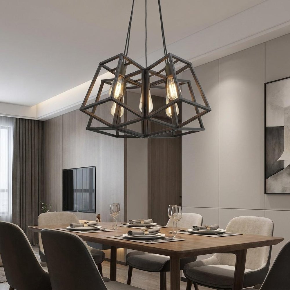 Bronze Lantern Five Light Metal Dimmable Chandelier in a home interior