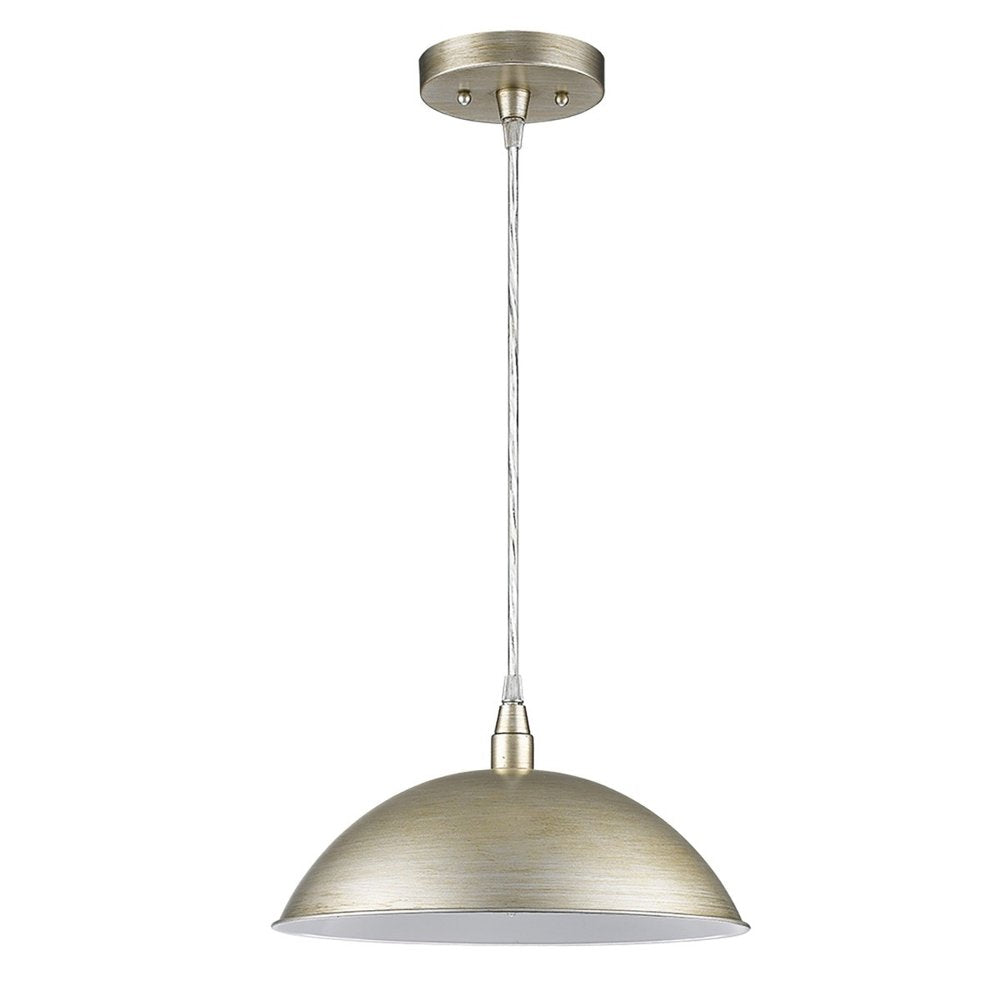 A silver metal dome pendant light hangs from a brushed nickel ceiling canopy against a white background.