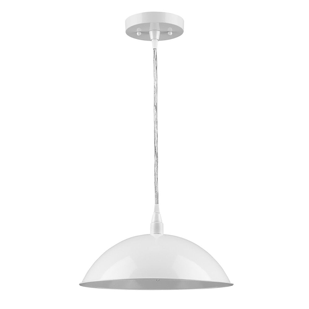 White metal dome pendant light with a white ceiling canopy and a twisted cord against a white background.