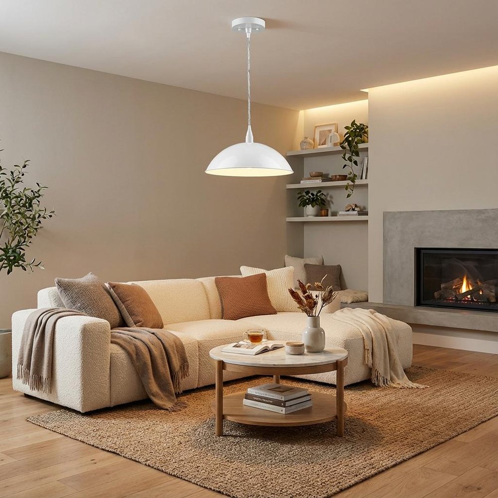 White Metal Hanging Light with Dome Shade in a home interior