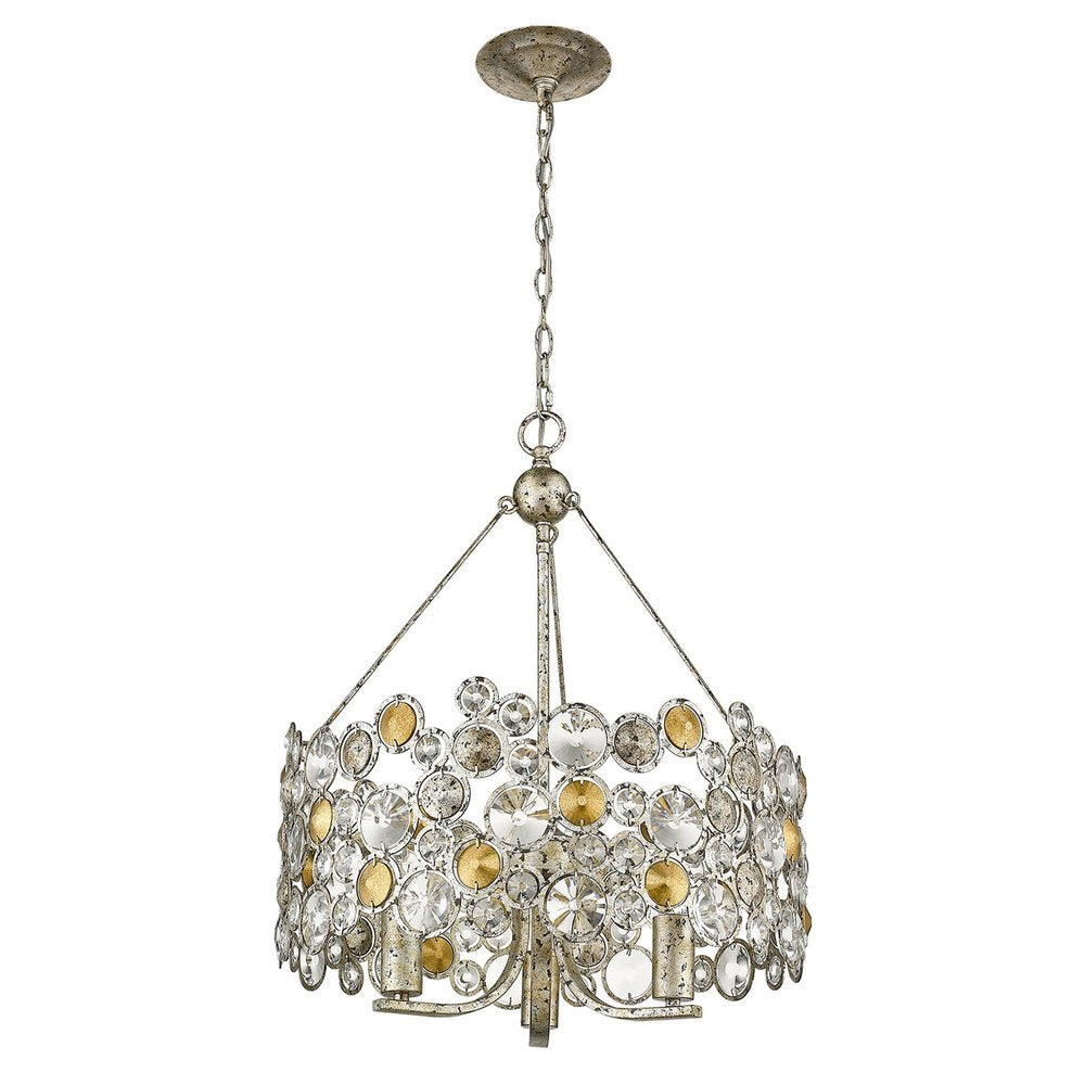 Silver Three Light Metal and Crystals Dimmable Chandelier With Silver Shades on a white background