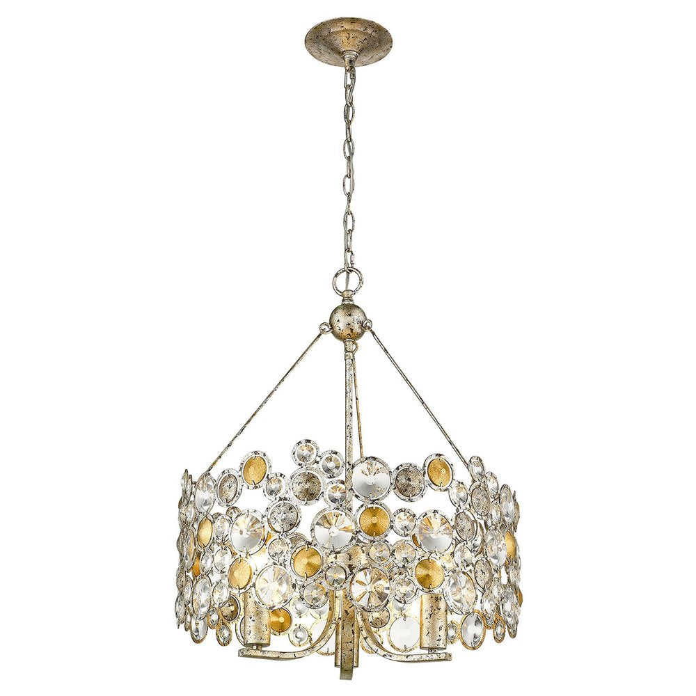 Silver Three Light Metal and Crystals Dimmable Chandelier With Silver Shades on a white background