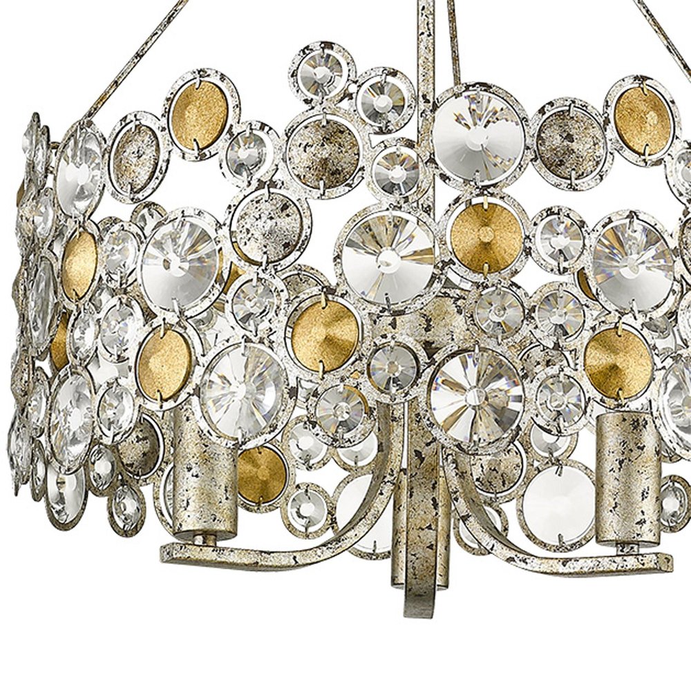 Silver Three Light Metal and Crystals Dimmable Chandelier With Silver Shades on a white background
