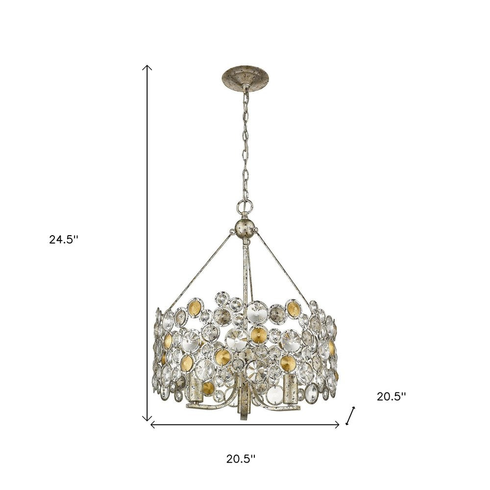 Silver Three Light Metal and Crystals Dimmable Chandelier With Silver Shades on a white background