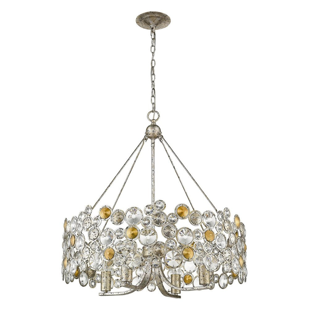 Silver Shaded Four Light Metal and Crystals Dimmable Chandelier With Silver Shades on a white background