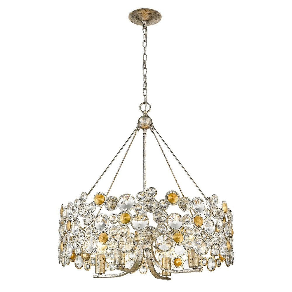 Silver Shaded Four Light Metal and Crystals Dimmable Chandelier With Silver Shades on a white background