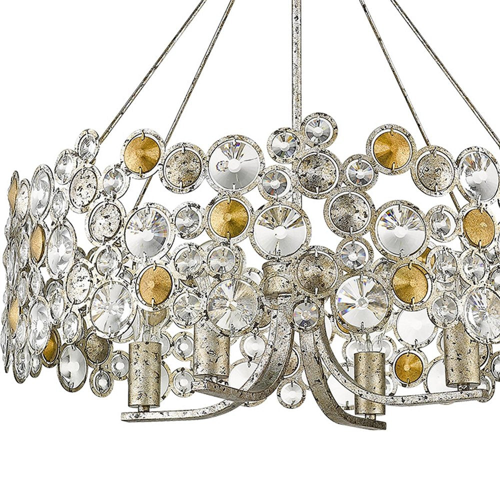 Silver Shaded Four Light Metal and Crystals Dimmable Chandelier With Silver Shades on a white background