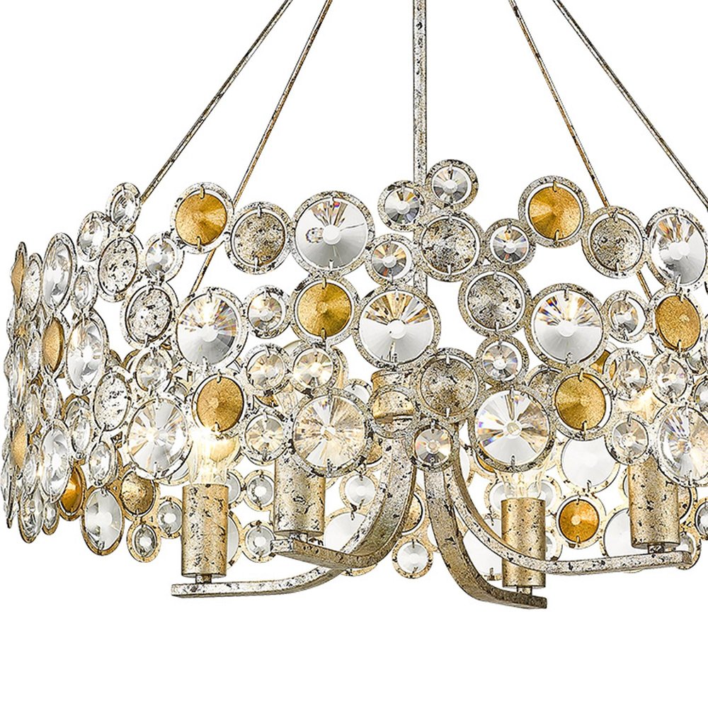 Silver Shaded Four Light Metal and Crystals Dimmable Chandelier With Silver Shades on a white background