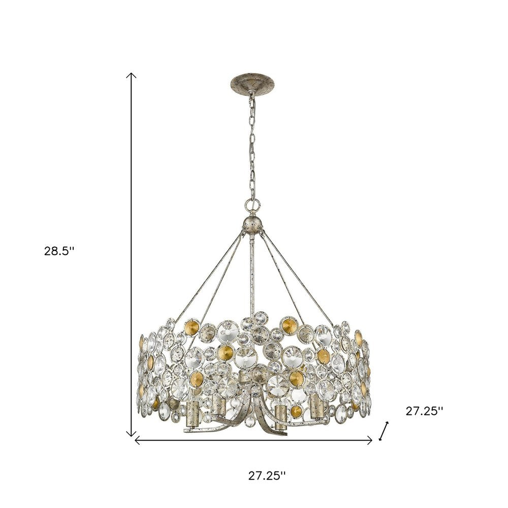Silver Shaded Four Light Metal and Crystals Dimmable Chandelier With Silver Shades on a white background