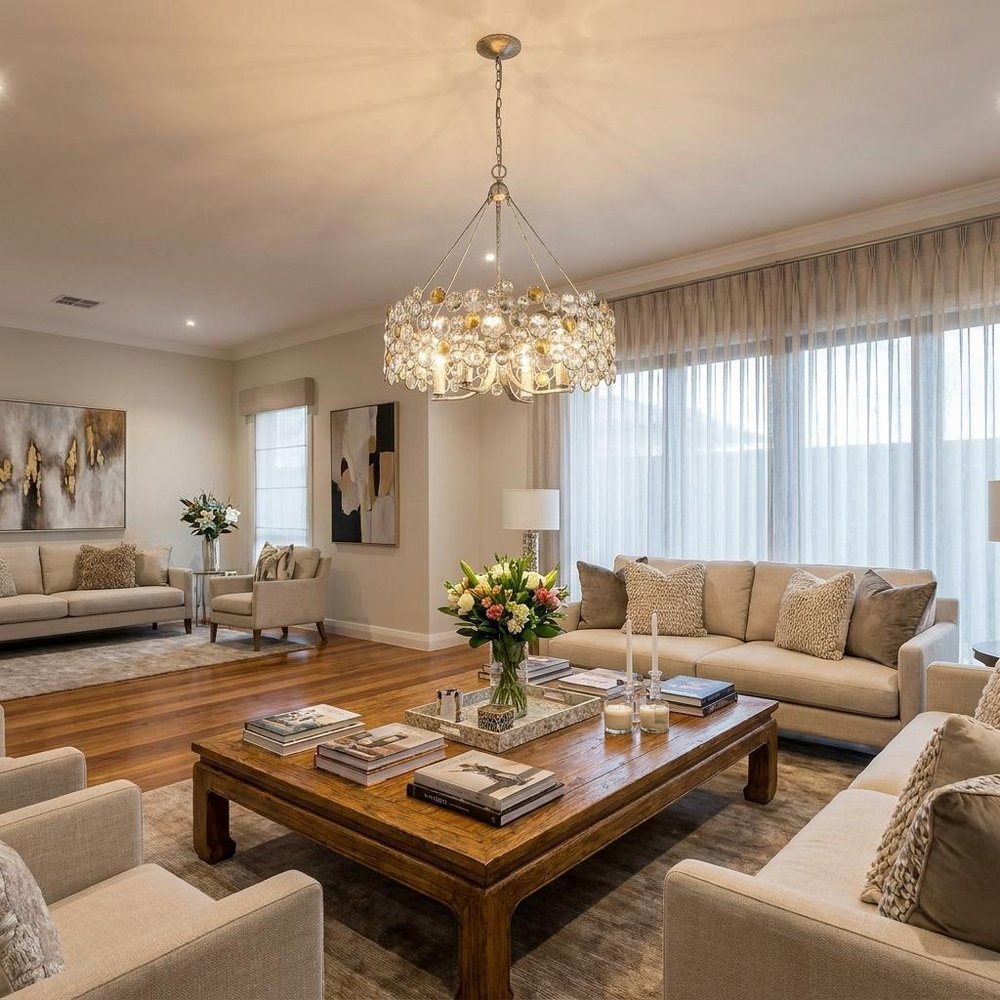 Silver Shaded Four Light Metal and Crystals Dimmable Chandelier With Silver Shades in a home interior