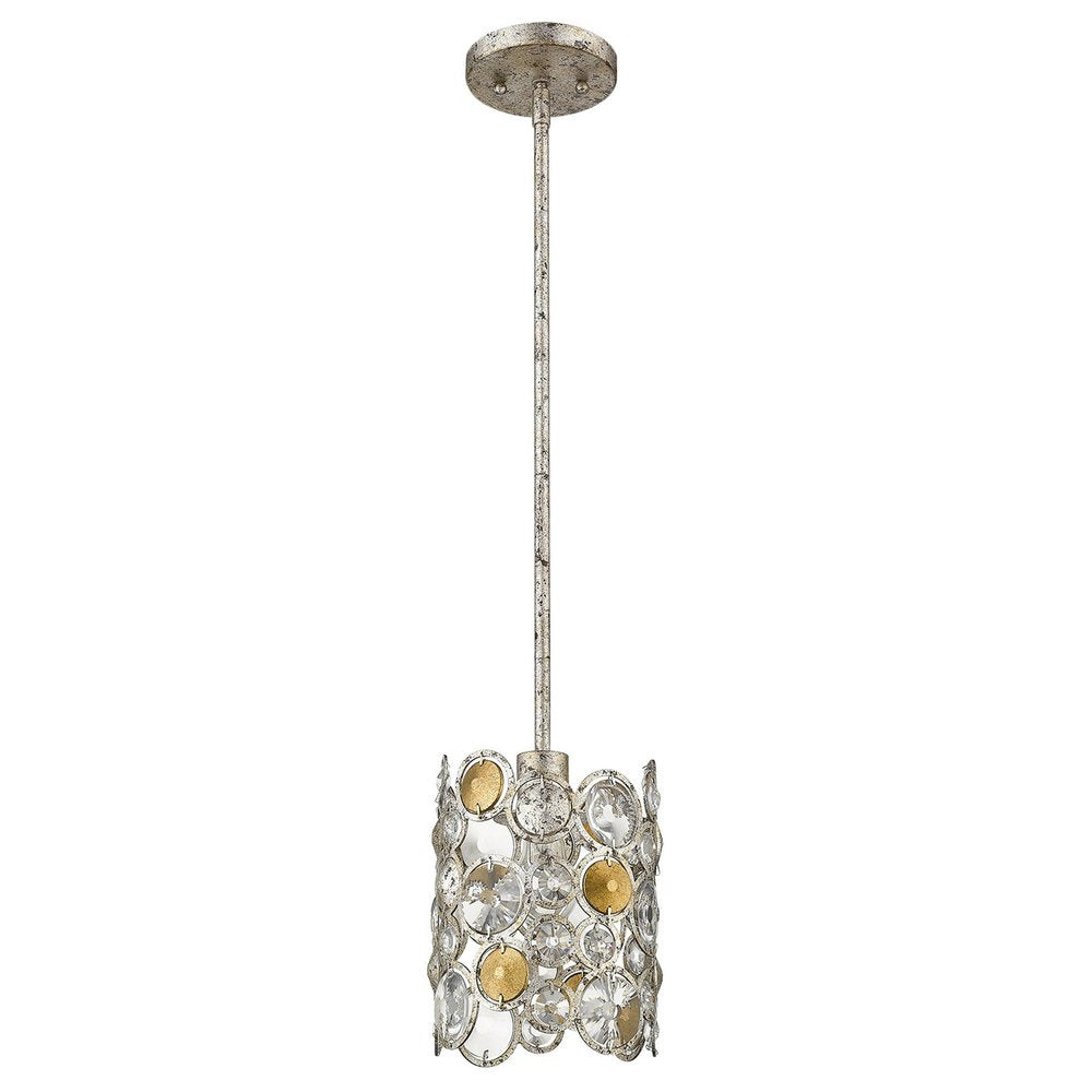 Antique silver leaf pendant light with a cylindrical shade adorned with clear and gold circular accents, against a white background.