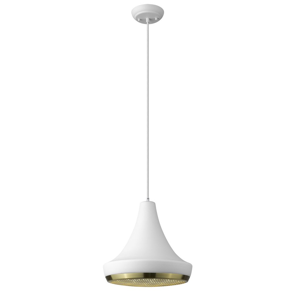 White pendant light with a brass accent and a textured bottom, hanging from a white cord against a white background.