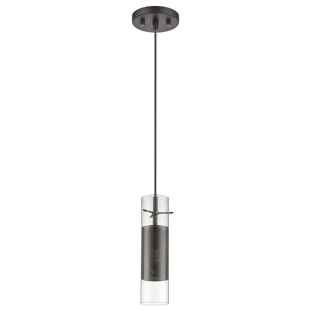 Glass and Bronze Mesh Shade Hanging Light on a white background