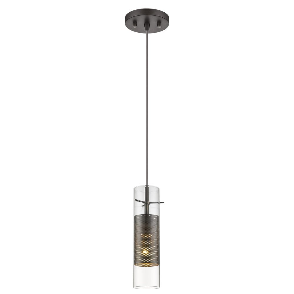 Glass and Bronze Mesh Shade Hanging Light on a white background